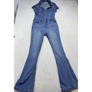 JUICY COUTURE VTG Blue Distressed Denim Overall Floral Embroidered US M